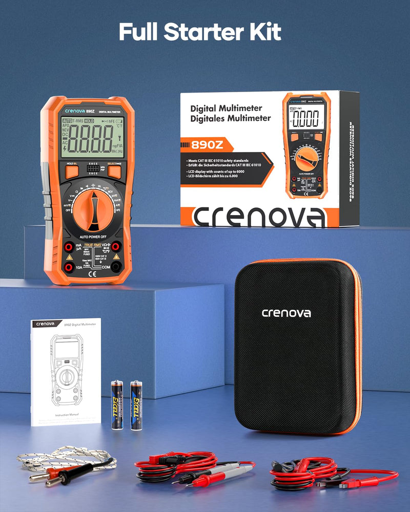 Crenova 890Z Digital Multimeter 6000-Count TRMS 1000VDC/750VAC Auto-Ranging | Measures AC/DC Voltage, Current, Resistance, Capacitance, Diode, Continuity, Transistor (hFE), Temperature, NCV