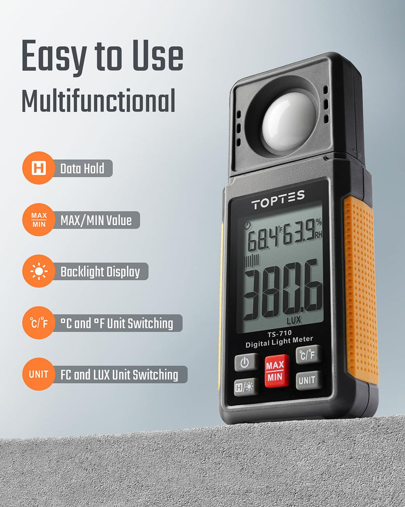 [Australia - AusPower] - TopTes TS-710 Light Meter, Lux/Foot Candles Meter with 180º Rotating Sensor, 0.1~200,000 Lux Range, Large Backlit Display, Light Meter for Plants, Car Headlights, Home & Office LEDs (Includes Battery) 