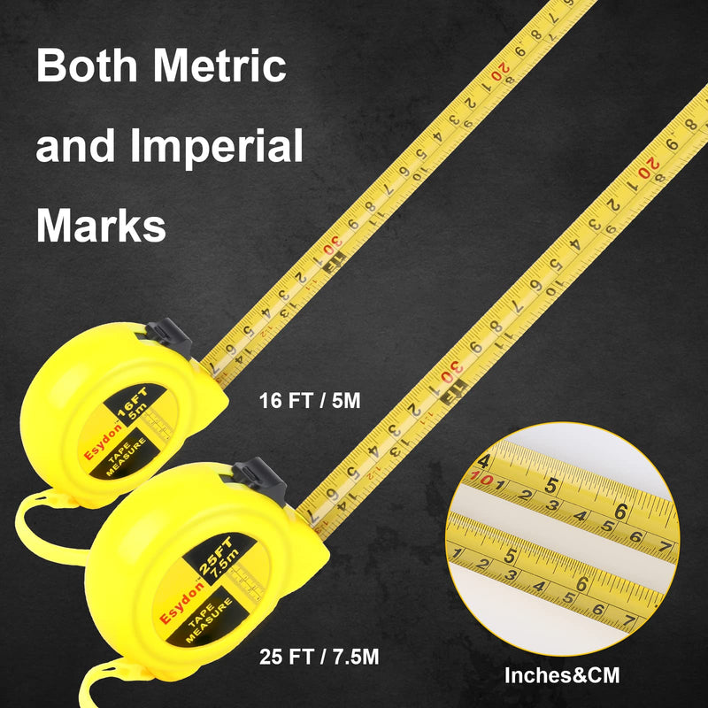[Australia - AusPower] - 2 Packs Tape Measure 25 ft /16 ft, Esydon Measuring Tape Extendable, Self-Locking Tape Measurer, Easy Read Imperial/Metric Scale Measurement Tape for Designer, Decorator, & Handicraftsman 
