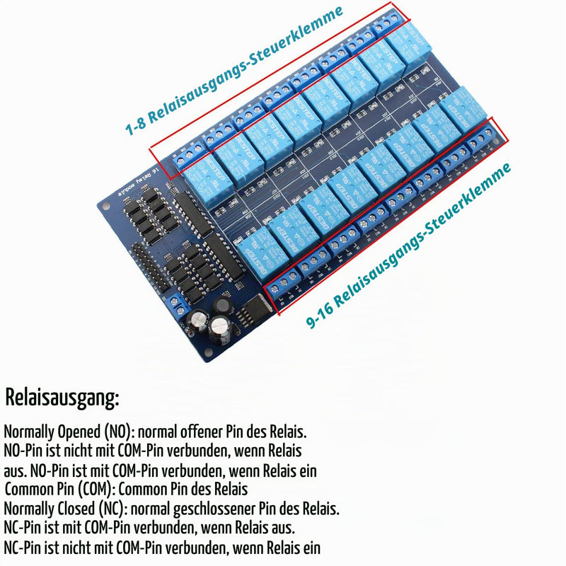 RUNCCI-YUN 1 x 16 Channel Relay Module 12 V, 16 Channel Relay Module with Optocoupler High or Low Level Trigger Extension Board Relay Switch for Raspberry Pi Arduino Board 12 V 16 channel, 1 piece, blue