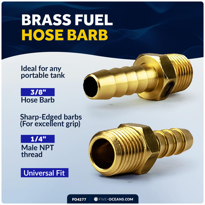 Five Oceans Brass 1/4-Inch NPT Universal Boat Fuel Tank Connector, 3/8-Inch Barb Hose, Fits Most Portable Marine Fuel Tanks - FO4277 1/4 NPT to 3/8 Barb