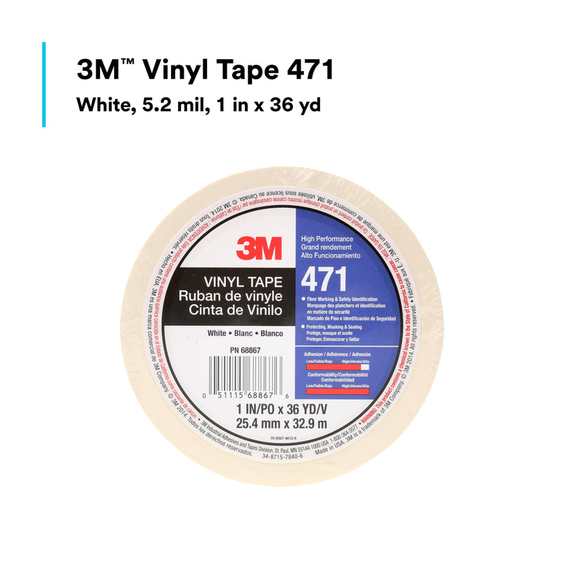 3M Vinyl Tape 471, 1 in x 36 yd, White, 1 Roll, White Floor Tape, Paint Alternative for Floor Marking, Social Distancing, Color Coding, Safety Marking