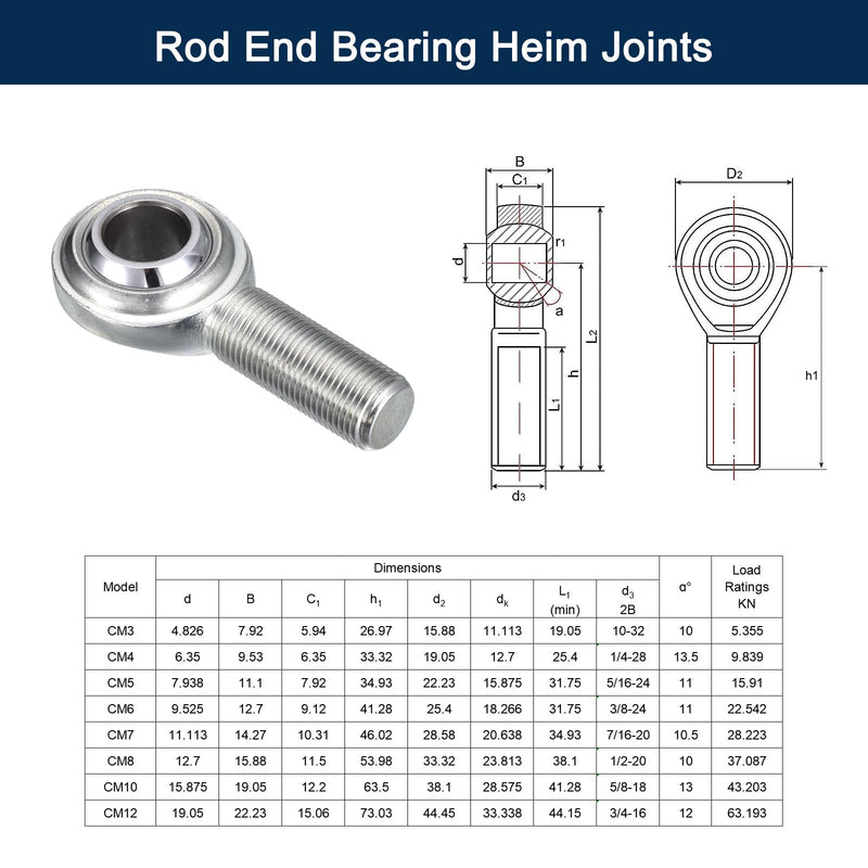 [Australia - AusPower] - CM4 Rod End Bearing Heim Joints, 1/4 x 1/4-28 Right Hand Male Thread Heim Joint with Jam Nuts 2pcs 1/4" CM 