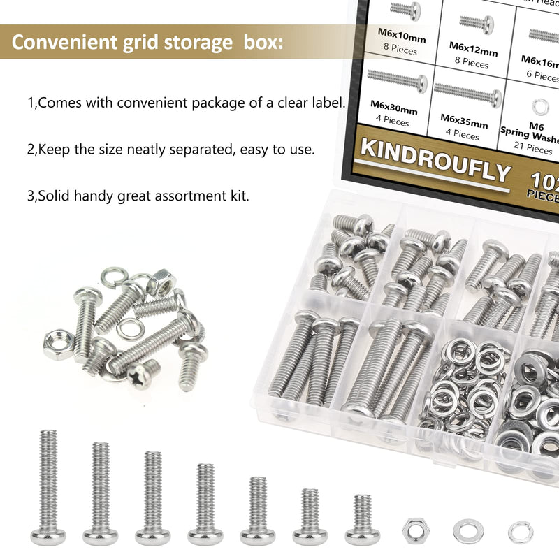 [Australia - AusPower] - 102 Pieces M6 x 10/12 /16/20 /25/30 /35mm Phillips Pan Head Machine Screws Nuts Washers Assortment Kit, 304 Stainless Steel, Fully Machine Thread 