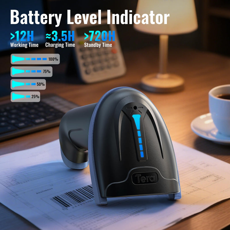Tera 1D 2D QR Barcode Scanner Wireless and Wired with Battery Level Indicator Digital Printed Bar Code Reader Cordless Handheld Barcode Scanner Compact Plug and Play Model D5100 2D Blue