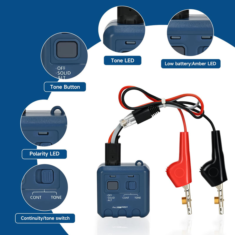 [Australia - AusPower] - Pro 3000 Tone Generator and Probe Kit, Tone Generator Wire Tracer, Handheld Telephone Line Finder with SmartTone Technology, Including a Cable Stripper, for Flat or Round Cat5 Cat6 Wire 