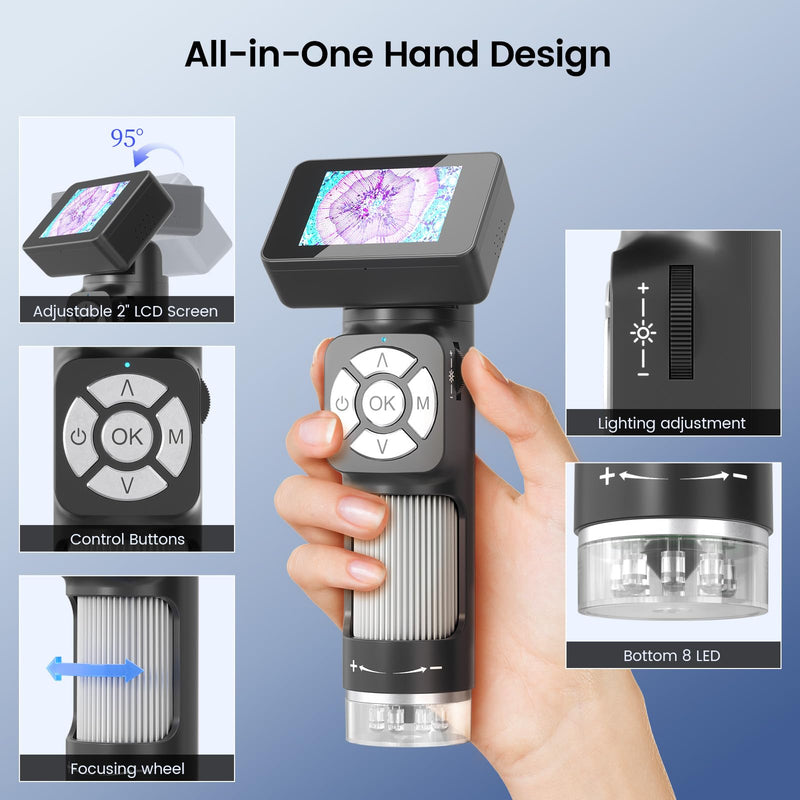 LM112 Microscope for Kids Adults Handheld with 2" Screen, 500X Portable Microscope Kit with Case, USB Magnifier with 8 LED Light, 5pcs Biological Slides, 32G