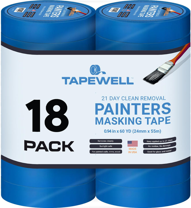 TAPEWELL Multi-Surface Blue Painters Tape 1 Inch (0.94 X 60 Yards), No Resuide, Removes Easily Blue Masking Tape, Pack of 18