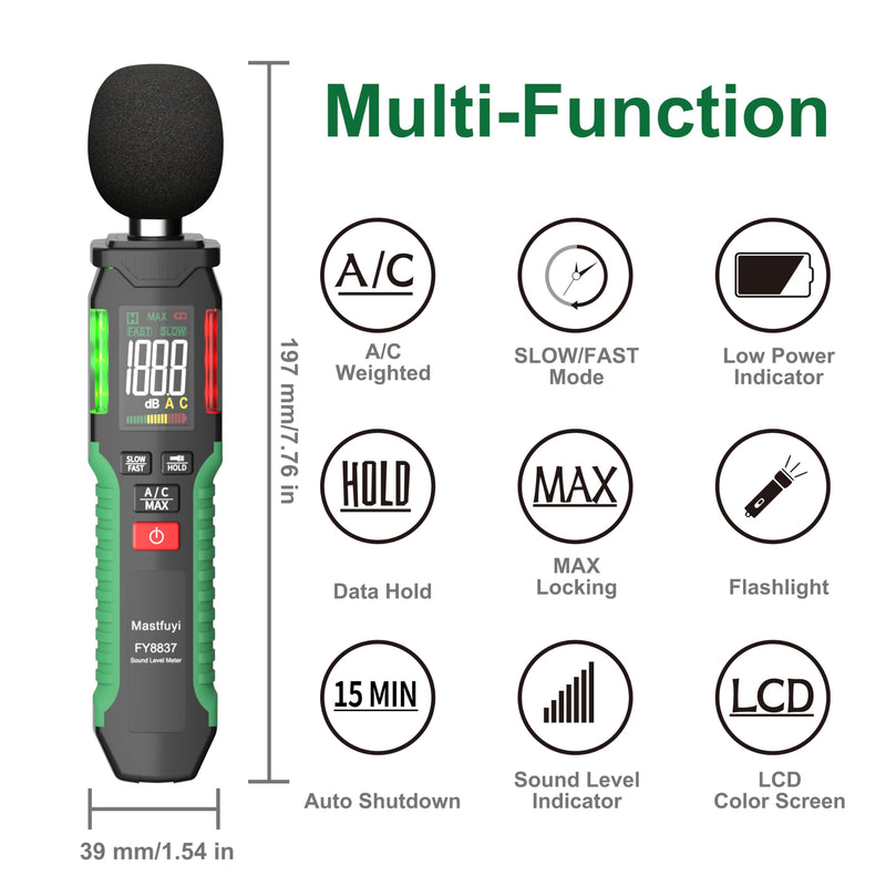 [Australia - AusPower] - Decibel Meter, Sound Level Meter 30-130 dB with A/C Weighted, Digital Audio Noise Measure Device, Portable SPL Meter with LCD Color Display, Data Hold, MAX Hold, Flashlight for Home Office Black 