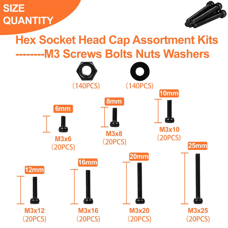[Australia - AusPower] - 420pcs M3 Screw Kit, Premium M3 Bolts for 3D Printing, Hex Socket Head Cap Screw Assortment with Nuts and Washers, M3 x 6mm /8mm /10mm /12mm /16mm /20mm /25mm (Black) 