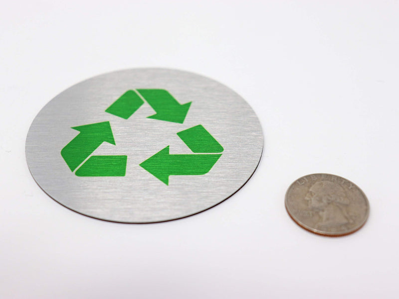 Metal Trash & Recycling Signs | Garbage & Recycling Bin Marker | Set of 2 - 1 Black Trash Sign & 1 Green Recycle Sign | 3" Round, Brushed Silver Aluminum Signs | Made in USA