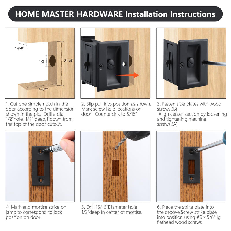 HOME MASTER HARDWARE Privacy Pocket Door Lock Pull Replace Damaged Or Old Sliding Door Locks Premium Quality Solid Brass Matte Black Pocket Door Hardware 2-3/4”x2-1/2”,for 1-3/8” Thickness Door 1 Pack 2-3/4”x2-1/2” Black-1PACK