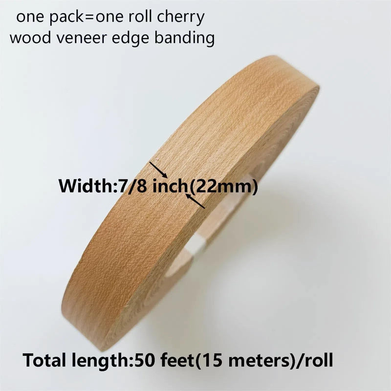 Cherry Wood Veneer Edge Banding Tape,7/8 inch ×50ft Iron On Wood Strips,Preglued Hot Melt Adhesive Edgebanding,Flexible Plywood Wood Edging for Furniture Restoration Work 1 7/8" x50'