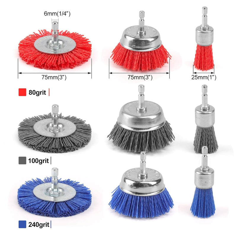 [Australia - AusPower] - POLIWELL Nylon Filament Brush 9 Pack, Abrasive Wire Brush Wheel & Cup Brush Set, Drill Bit Sanding Brush with 1/4” Hex Shank for Steel Rust Removing, Grill Cleaning, Flaking Paint Refinishing 