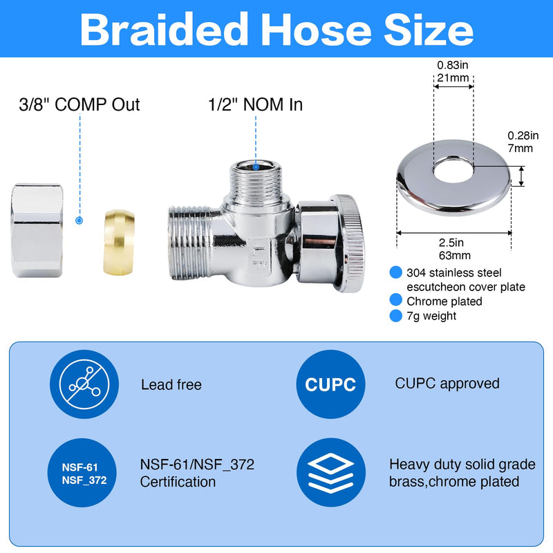 2Pack, 15 inches- Toilet Hose Water Supply Line Kit - 3/8" COMP x 7/8" BC Braided Toilet Connector Hose & 1/2 inch NOM Inlet x 3/8 inch OD Compression Outlet Angle Shut Off & Escutcheon Plate 15 inch ( Two Sets）