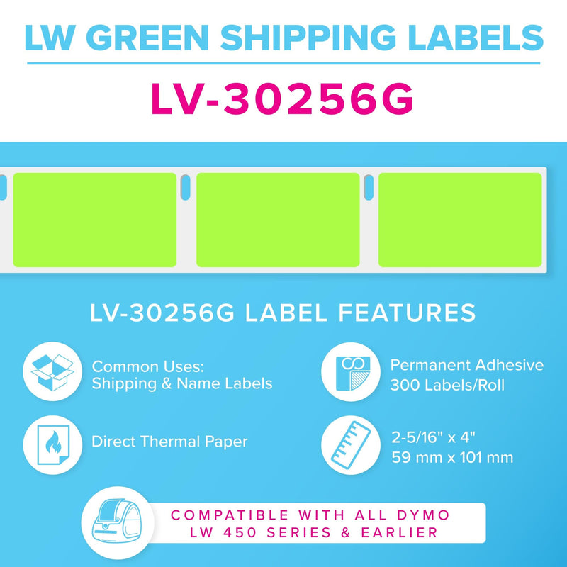 Dymo LV-30256 Green Compatible Shipping Labels, 2-5/16" x 4", 300 Labels per Roll – Permanent Adhesive, Works with Dymo LabelWriter 450 Series and Earlier | LabelValue