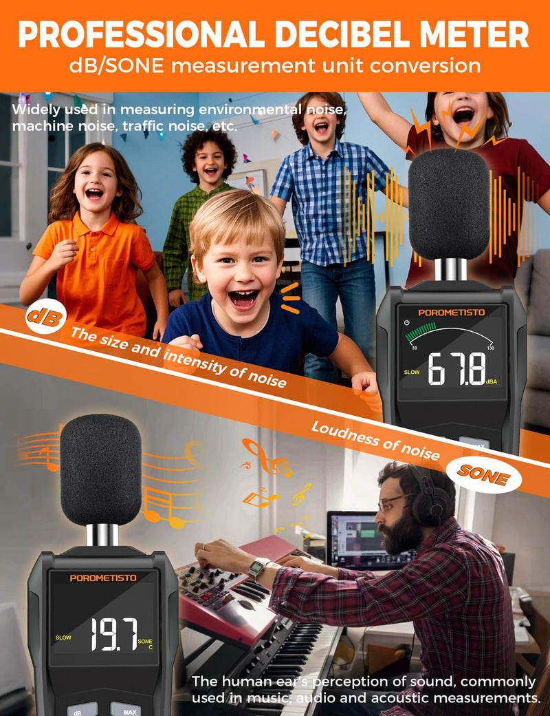 [Australia - AusPower] - POROMETISTO SL01 Decibel Meter, 30-130 dB Sound Level Meter, with A/C Weighting, Data Storage, Maximum/Minimum), Precise dB Meter for Professional, Industrial and Home Use 