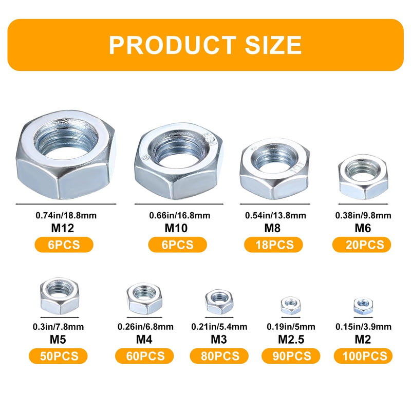 [Australia - AusPower] - Metric Hex Nuts Assortment Kit, 430 Pcs Stainless Steel Hex Nuts Set, Hex Hardware Nuts, Coarse Thread Hexagon Nuts for Screw Bolts, M2 M2.5 M3 M4 M5 M6 M8 M10 M12 