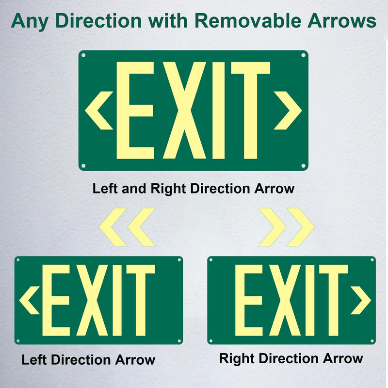 (2Pack) Photoluminescent Exit Sign, Glow In The Dark Aluminum Exit Sign Green - Adhesive Backing - 4pcs Removable Arrows Included - 14.25 x 7.5 Inches - Non Electrical Exit For 50 Feet Visibility Green - Exit
