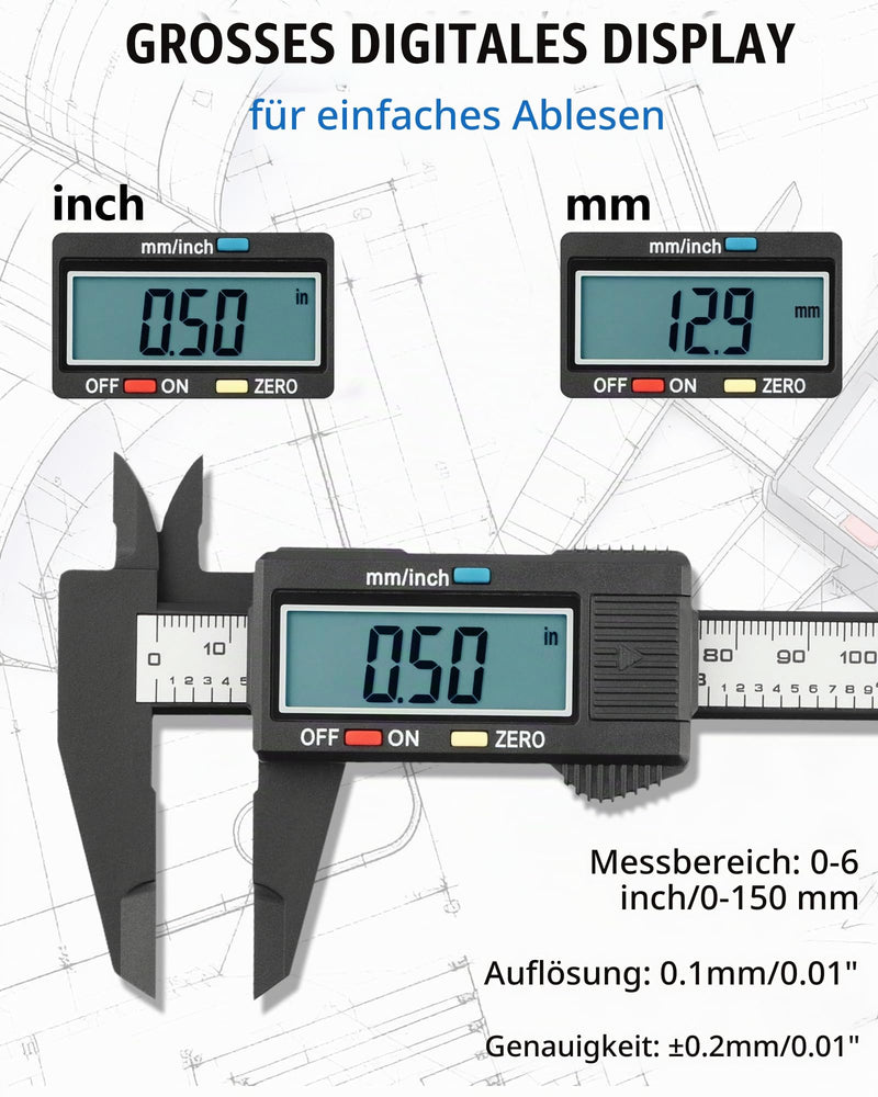 Digital Vernier Calliper, 150 mm/6 Inch, Plastic Calliper with Large LCD Display and Auto-Off, and Millimetre Conversion, Scratch-Resistant Measuring Gauge for Outdoors, Depth and Step | mit Großem LCD Display & Auto-Off, und Millimeter-Umrechnung, Kra...