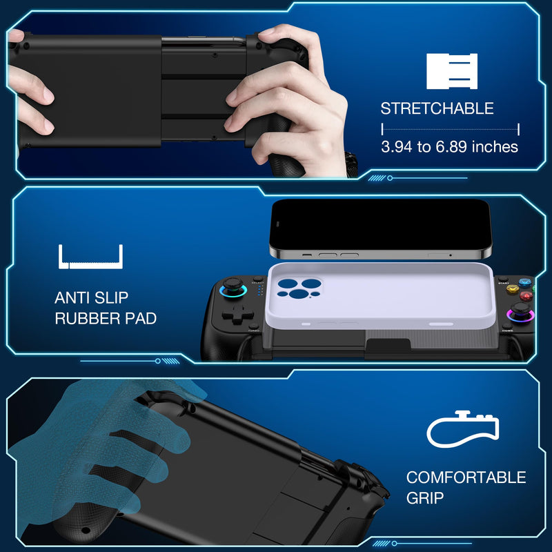 [Australia - AusPower] - Mobile Game Controller for iPhone and Android with RGB Light, Wireless Phone Controller with Phone Case Support Turn Your iPhone into a Gaming Console Play PS Remote Play, Xbox Cloud and More Use as Mobile Game Controller 