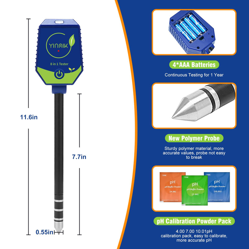 [Australia - AusPower] - YINMIK pH Moisture Meter Smart Soil Test Kit Garden pH Meter Hygrometer pH Conductivity Meter for Hydroponic 8 in 1 Farm pH Moisture pH Moisture EC Fertility Salt Sunlight Air Humidity Temp Tester 8 in 1 Soil pH meter 