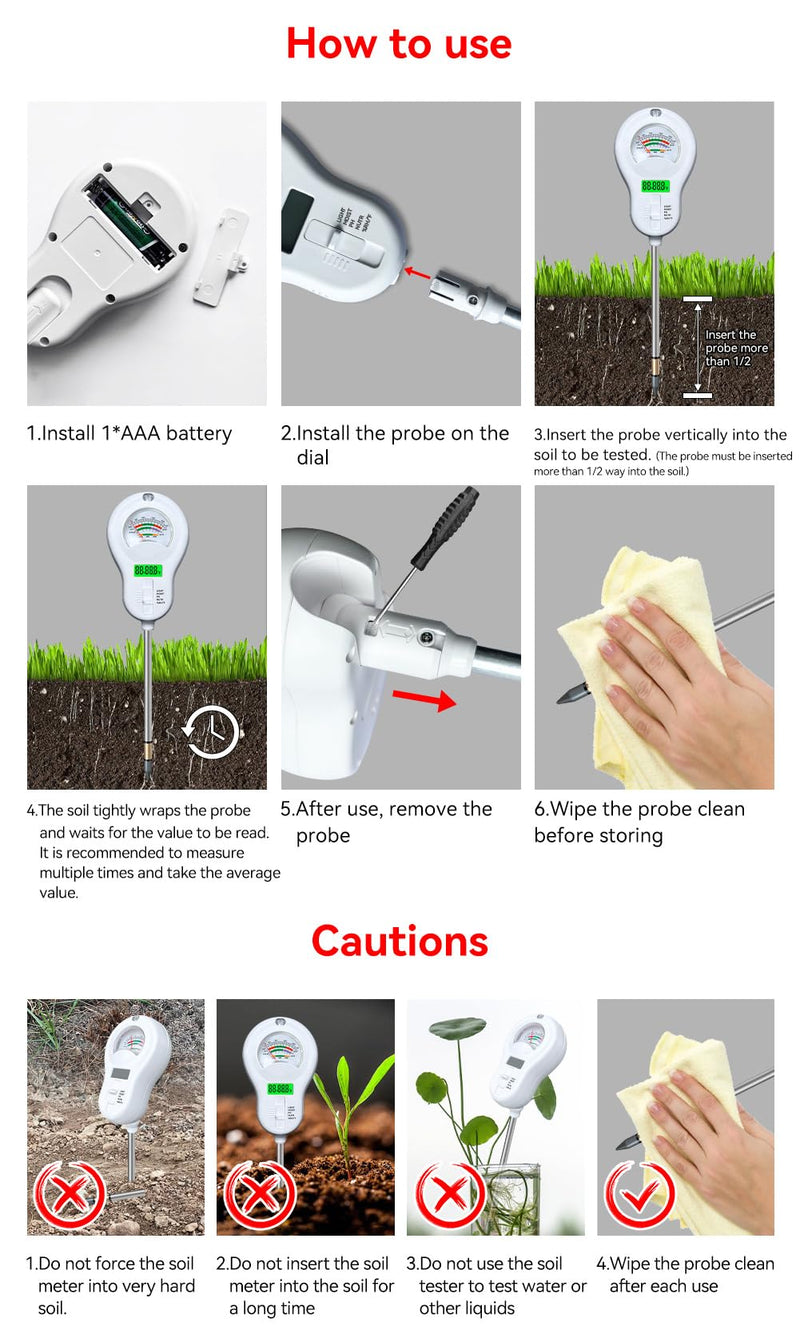 6in1 Multi-Function Soil Moisture Meters Tester Temperature/PH/Humidity/Moisture/Sunlight/Fertility Meter Soil Testing Analyzer Kit for Plants Farms Gardens Lawns Indoor Outdoor Plant Care