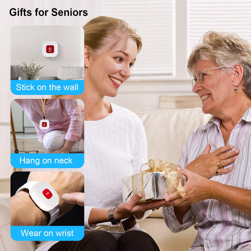 WiFi Pager, Caregiver Pagers Life Alert Systems for Seniors no Monthly Fee, 1 Receiver and 1 SOS Panic Button & 1 Watch Pager, Compatible with Tuya Smart/Smart Life APP Style 1