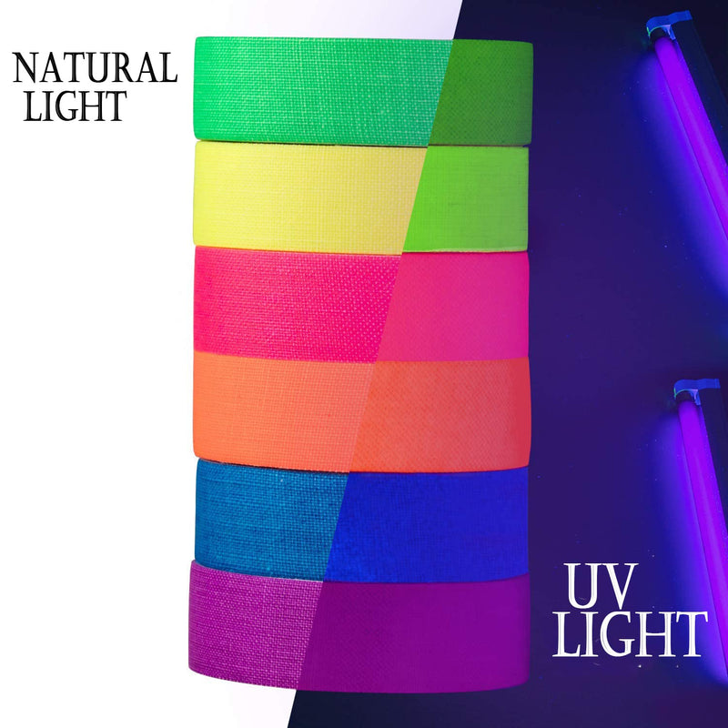 [Australia - AusPower] - Adhesive Tape, 6 Colors Neon Gaffer Cloth, UV Blacklight Glow Tape, 0.6 inch x 16.5 feet x 6 Rolls 