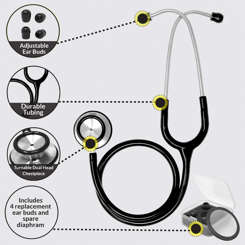[Australia - AusPower] - Ever Ready First Aid Pro Classic Dual Head Stethoscope for Paramedics and Nurses, 4 Ear Tips, Replacement Diaphragm - Black 