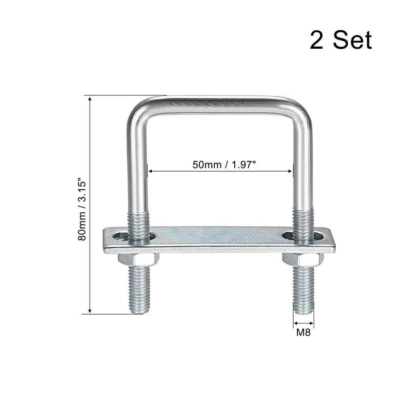 [Australia - AusPower] - uxcell Square U-Bolts 2"(50mm) Inner Width Carbon Steel M8 with Nuts, Frame Plate, Round Washers 2 Set 50x80mm(W*L) 