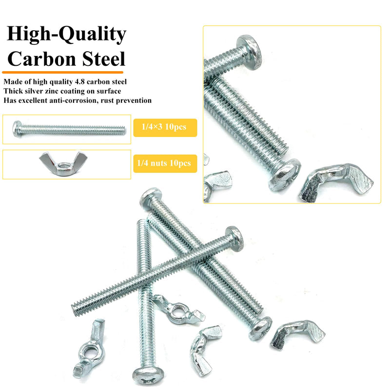 [Australia - AusPower] - 20Pack 1/4"-20 x3 Screw Bolts and Wing Nut Kit 10pcs Machine Screws with Round Head Phillips 10pcs Butterfly Hand Twist Tighten Nut Zinc Plated Hardware Fitting Fastenings Assortment Kit 30 Pack 1/4"-20 x3" 