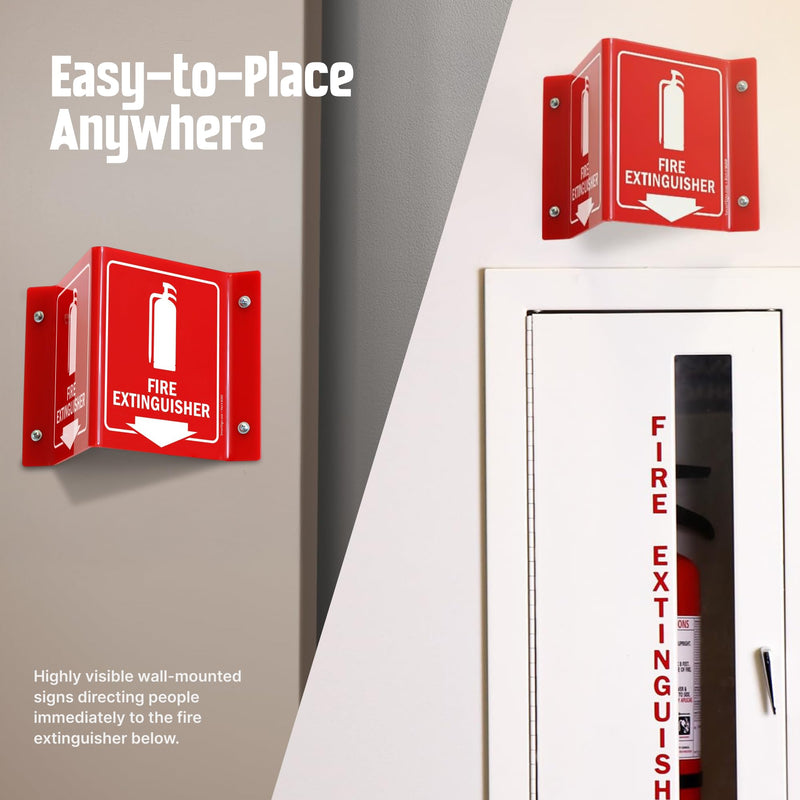 SmartSign (4-Pack) Fire Extinguisher Projecting Sign with Down Arrow - 5" x 6", Two-Sided Wall Mount Polished Acrylic Corridor V-Sign, White on Red #2. Red Acrylic - Pack of 4