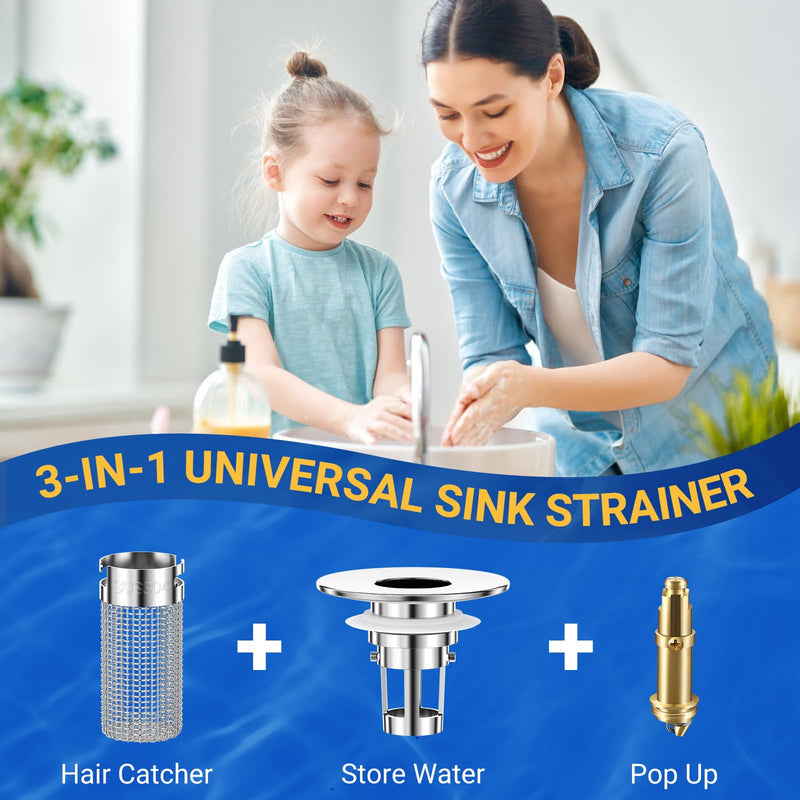 Bathroom Sink Drain Strainer, Pop-Up Bathroom Sink Stopper with Removable Stainless Steel Hair Catcher Basket, Universal Fit for US Bathroom Sinks, Showers & Floor Drains (4pcs) 4pcs