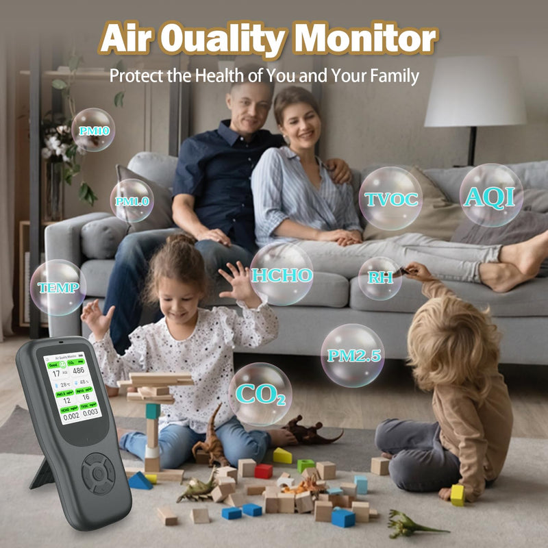 [Australia - AusPower] - 11-in-1 Air Quality Monitor - Portable Indoor Air Quality Detector with Stand, Real-Time Test for AQI, CO2, PM2.5, PM1.0, PM10, TVOC, HCHO, Particles, Temperature & Humidity with Aler (Black-White) Black-White 