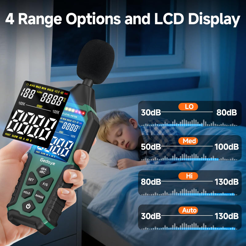 [Australia - AusPower] - Rechargeable Decibel Meter, Gedaye Sound Level Meter, A/C Weighted SPL Meter, Portable Noise Measure Device Range 30-130dB, Noise Detector Sound Monitor Decibel Reader Classroom Factory Noisy Neighbor Green 