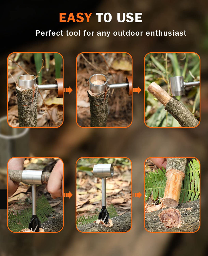 Bushcraft Hand Auger Wrench, Heavy-Duty Scotch Eye Wood Auger, Hand Auger Wood Drill, Manual Hole Maker Multitool with Leather Case for Camping, Outdoor, Hiking Vintage Brown