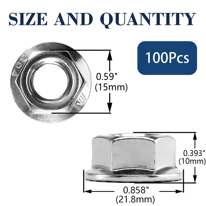 M10 x 1.5mm Serrated Flange Hex Lock Nuts 100Pcs 304 Stainless Steel 18-8, Full Thread, Hex Drive, Bright Finish by SG TZH M10 Silver 100