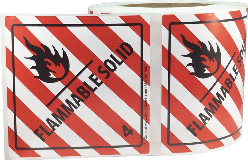 Hazard Class 4 D.O.T. Flammable Solid Labels, 4 x 4 Inch Square Red and White Hazmat Stickers, 500 Total Adhesive Labels on a Roll for Shipping and Compliance – Made in the USA