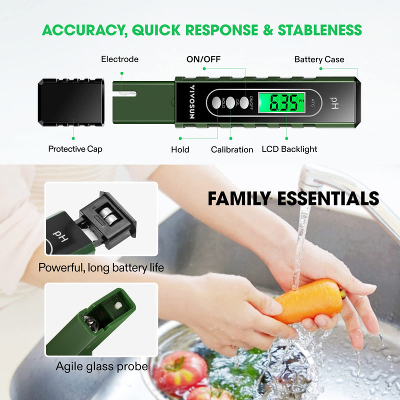[Australia - AusPower] - VIVOSUN PH Meter Digital PH Tester Pen 0.01 High Accuracy Water Quality Tester with 0-14 PH Measurement Range for Household Drinking, Pool and Aquarium, with ATC, Army Green 