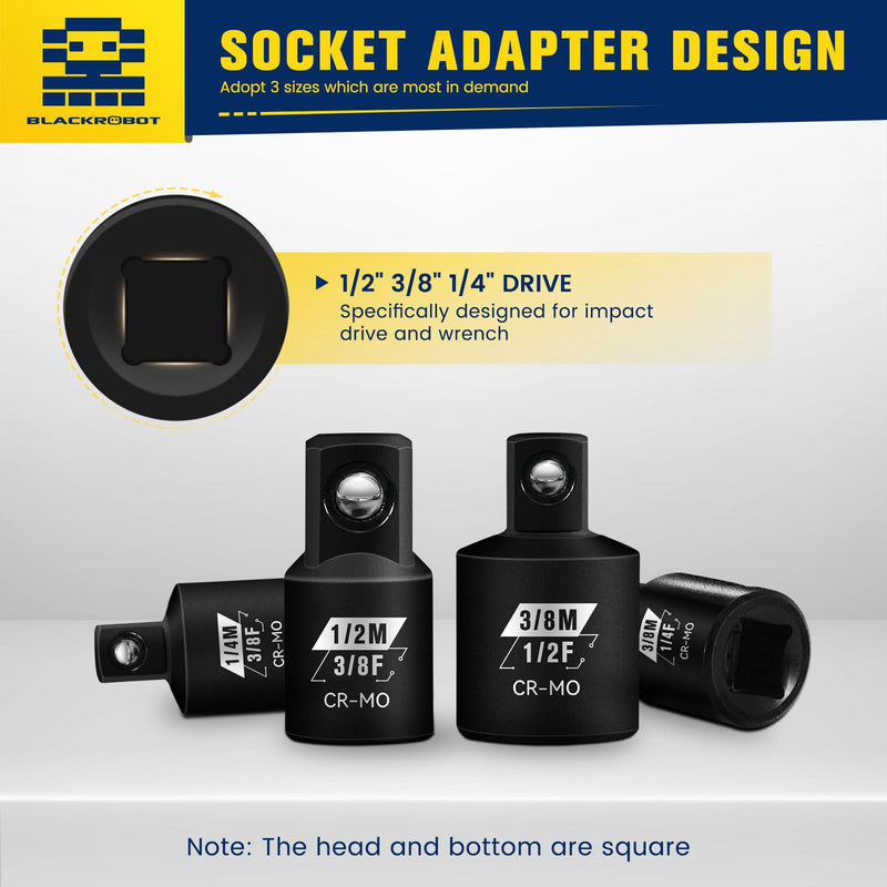 4 Piece Impact Socket Adapter Set, 1/4" 3/8" 1/2" SAE Drive Socket Adapter Set, Square Adapter and Reducer Conversion Set for Impact Driver Wrench, Cr-Mo Steel 4pcs 1/4" 3/8" 1/2" Square Drive