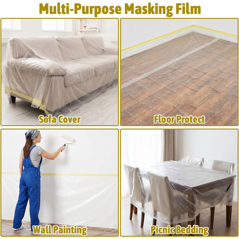 Painters Plastic with Tape, Paint Protection Film Paint Plastic Covering Pre-Taped Masking Film for Painting for Automotive & Home, Cover Walls/Floors/Windows/Cars Protection (2 Rolls