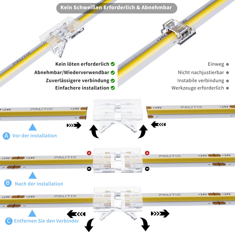 COB LED Strip Connector Set for 8 mm Wide COB Strips 2 Pin, 4 Pieces Transparent Centre Connectors, 2 Pieces L-Shape, 1 Piece T-Shape and 4 Pieces Dual-End Extension Wires 15 cm with 1 Piece DC 8mm connector Upgraded