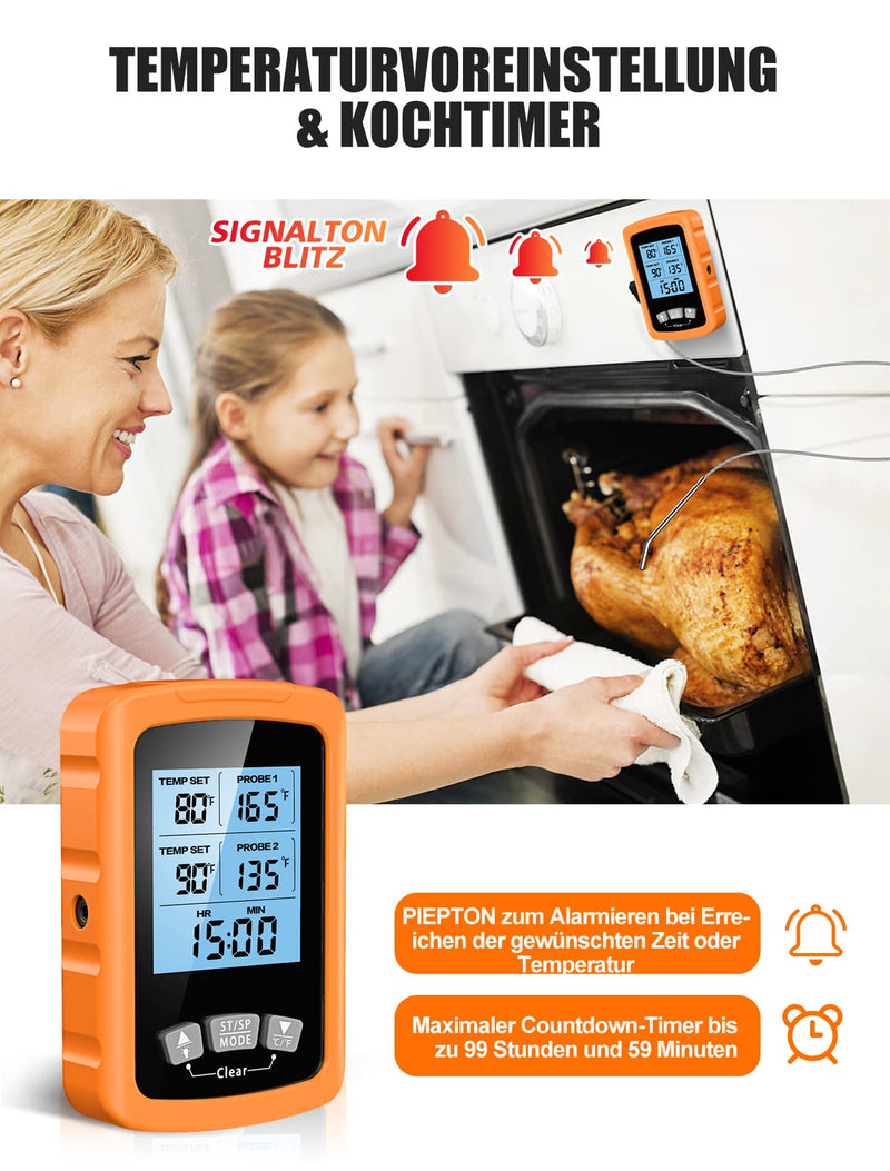 [Australia - AusPower] - CIRYCASE Digital Meat Thermometer, Quick and Precise Read Oven Thermometer with Two 16.3 cm Stainless Steel Probes, Grill Thermometer with Auto On/Off, Timer & LCD Screen, for Cooking, BBQ, Kitchen orange 