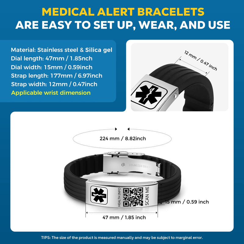 [Australia - AusPower] - Medical Bracelets for Men Women with QR Code Medical Alert ID Bracelets Sport Boy Girl - Silicone Waterproof Wristband Fits Wrists Up to 9 inches - More Space Custom Emergency Medical ID Alert Information 8.82'' Butterfly Clasp - Plus Black+Silver 
