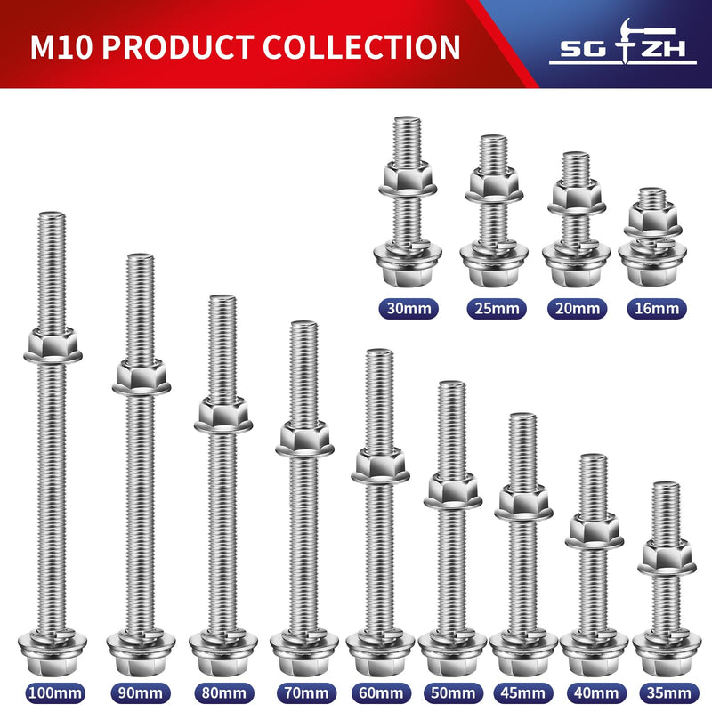 M10 x 16mm Flanged Hex Head Bolts, Nuts, Flat & Lock Washers, 20Pcs 18-8 (304) Stainless Steel, Fully Threaded, by SG TZH M10 x 16mm Silver 20