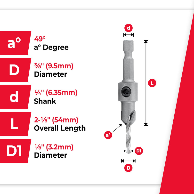 Amana Tool Carbide Tipped 82 Degree Countersink Drill Bit, 55266, 3/8 D x 49 Deg x 1/4 Quick Release Hex Shank for Wood Screw 10