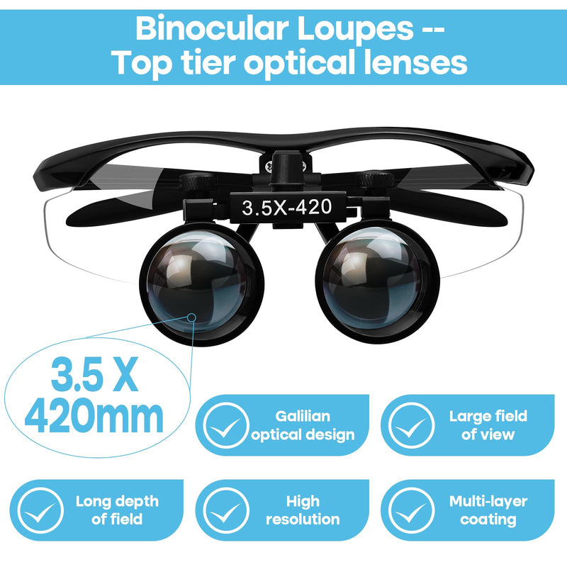 [Australia - AusPower] - 3.5 X 420mm Binocular Loupes Magnifier Glasses with LED Head Light+Aluminum Box Silver, Premium Optics Delivers Clear Imaging 