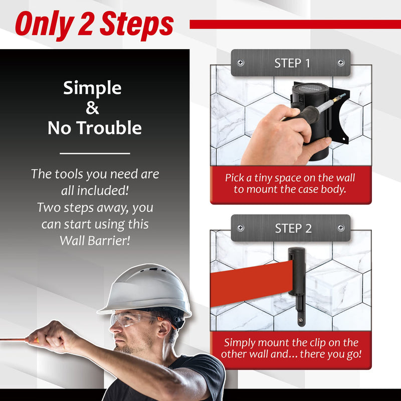 DuraSteel Wall Mount Retractable Belt Barrier - 9.2 Ft Red Safety Belt in Sturdy Black Casing - Guardian 1.0 Indoor & Outdoor Do Not Cross Caution Tape for Crowd Control Queue Barrier, Line Divider Black Body Red Belt