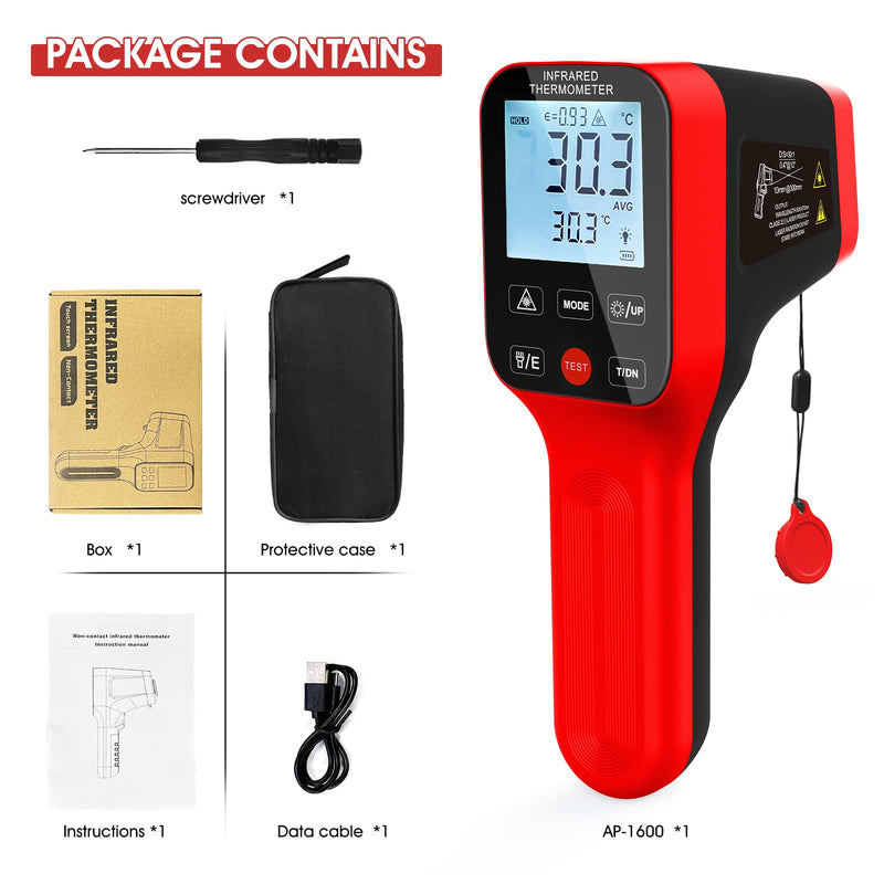 [Australia - AusPower] - AP-1600 Pyrometer Waterproof, Rechargeable Pyrometer-58℉~2912℉ High Temp Thermometer Gun with DS=30:1, IR Thermometer with Adjustable Emissivity, Backlight for HVAC Forge AP-1600(Touchscreen IR Thermometer) 